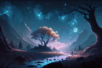 Moonlit scene of vivid imagination. lone figure standing by the riverside