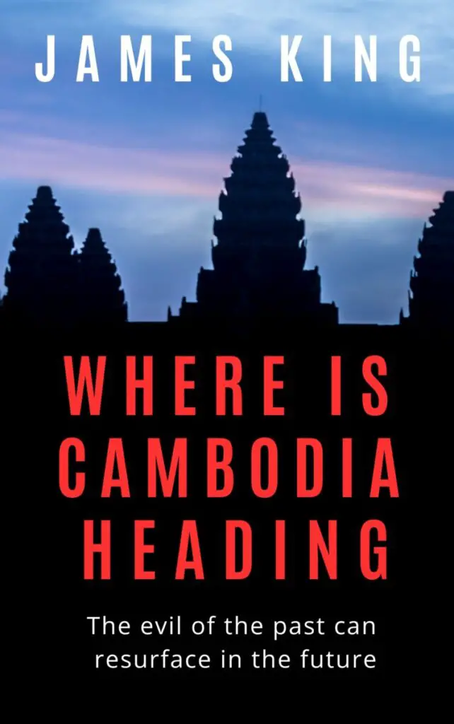 Book cover designed with the title below centre in red on black background photo of Angkor Wat in silhouette before daybreak