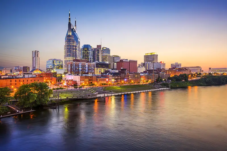 Nashville home of country music at sunset across the river