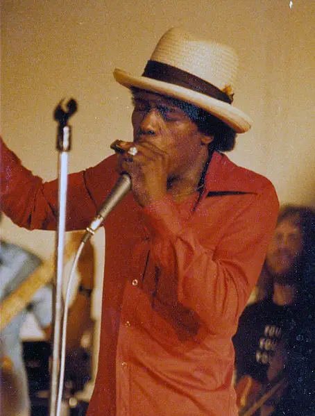 Junior Wells singing on stage in straw trilby hat