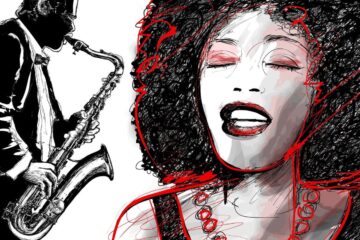 Illustration of a motown music singer with saxophone player