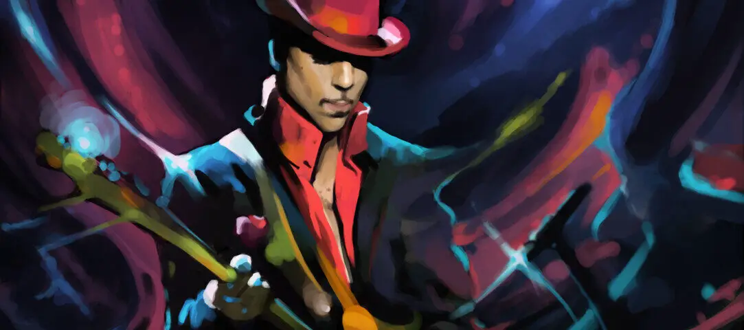 Prince with red hat playing guitar