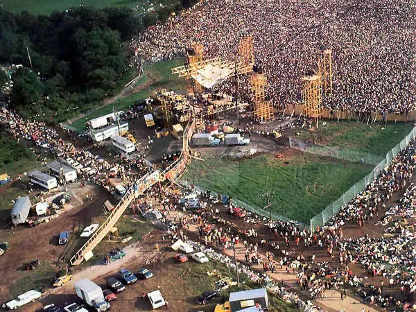 Crowd and stage at woodstock 69