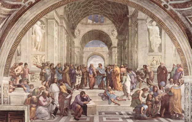 Raphael's nativity painting of Plato between Socrates and Aristotle inside a domed edifice