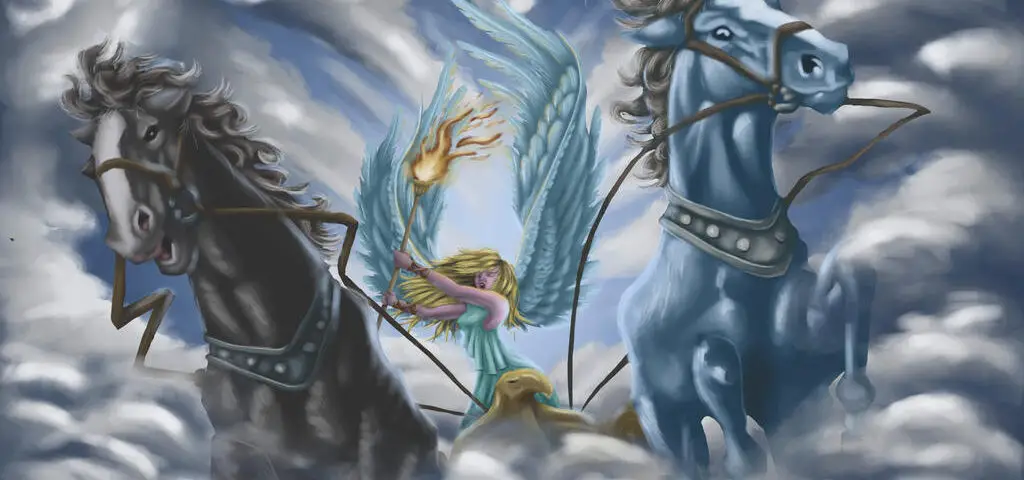 Depiction of one of Plato's beliefs is a 2 horse chariot driven by a blonde girl with wings through clouds in a stormy sky