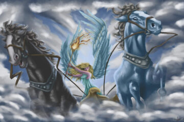 Depiction of one of Plato's beliefs is a 2 horse chariot driven by a blonde girl with wings through clouds in a stormy sky