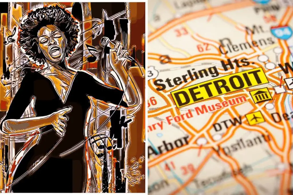 caricature of Black female Motown singer next to a map of Detroit