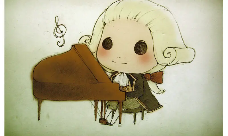 painting of Mozart playing a piano