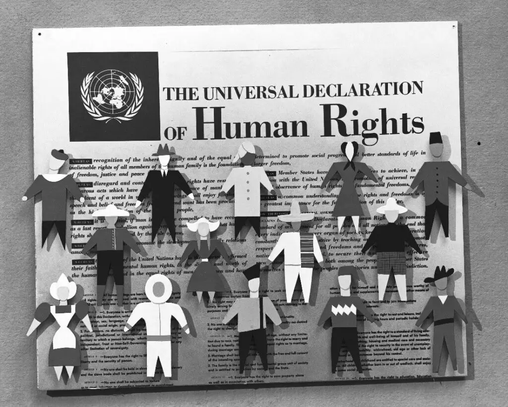 images of cut out people scattered on the universal declaration of human rights