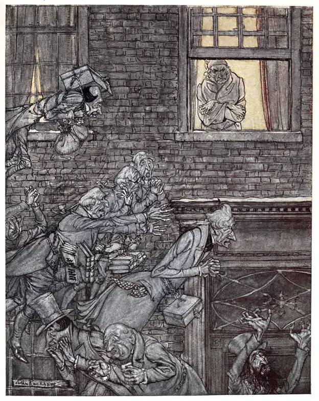 Scrooge looks out his window to see ghosts in one of Arthur Rackham’s illustrations for A Christmas Carol.