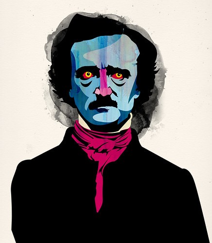 A caricature portrait of Edgar Allan Poe. 