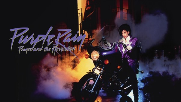 Pronce on a motorbike  - the cover of the Purple Rain album - https://www.youtube.com/watch?v=81jraQDTJJk 