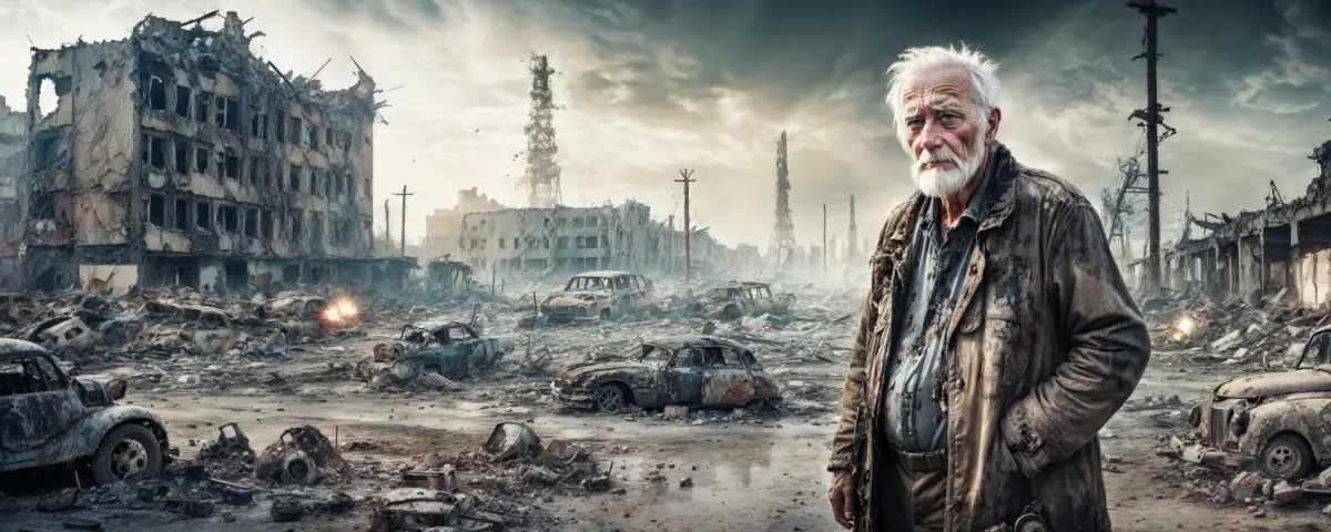 artists impression of bearded older man standing in the devastating aftermath of war