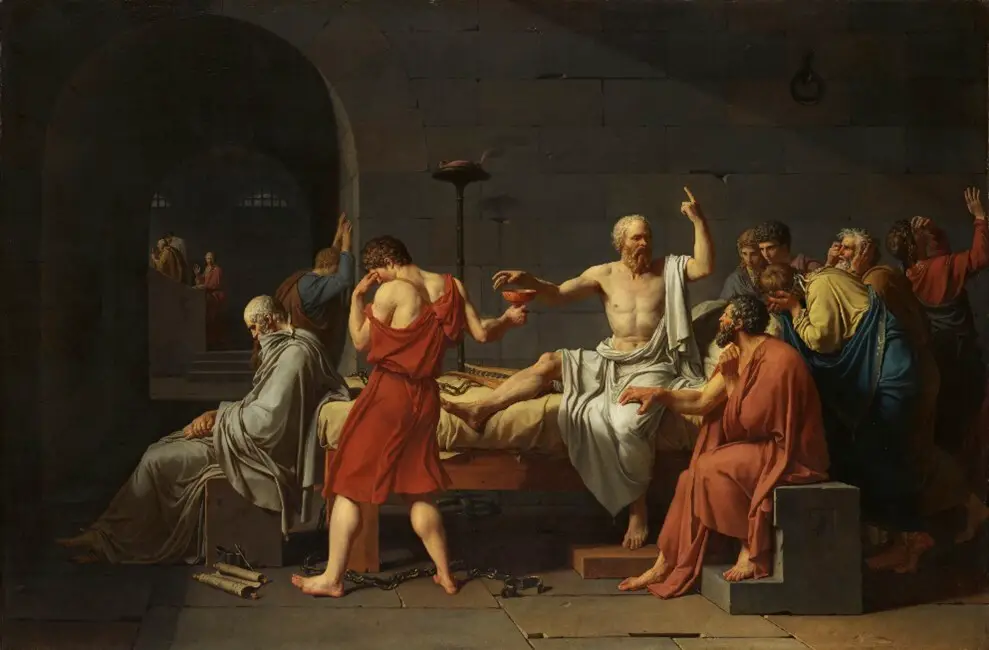 Painting of Socrates on his death bed surrounded by his students