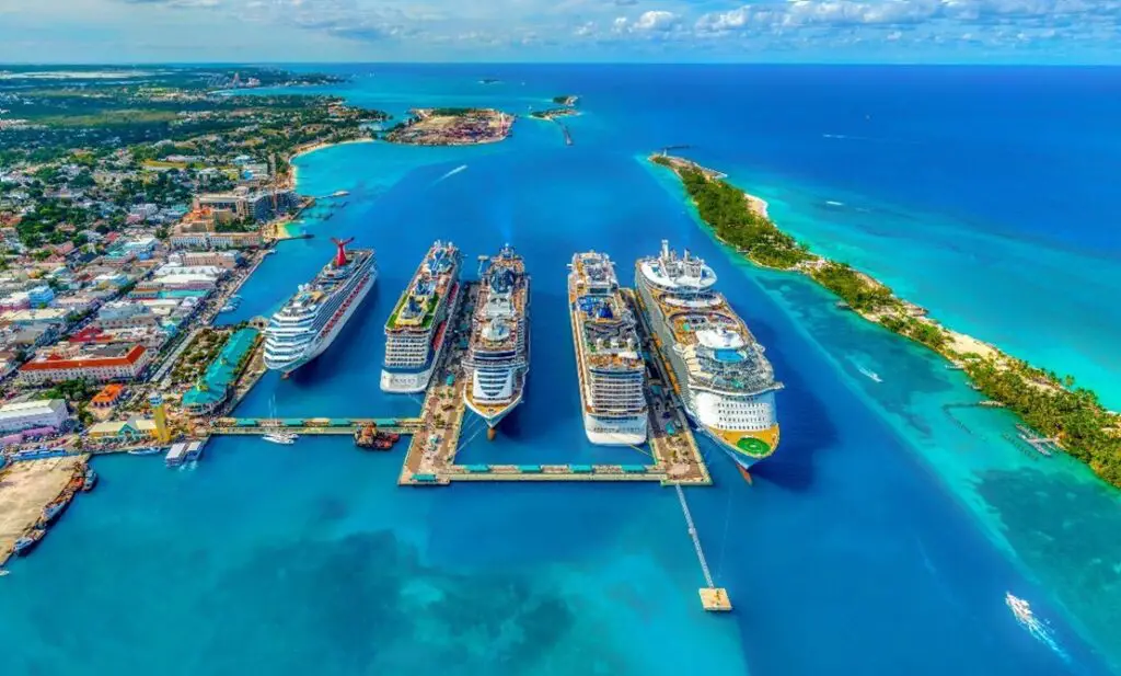 45 cruise ships docked side by side in the Bahamas
