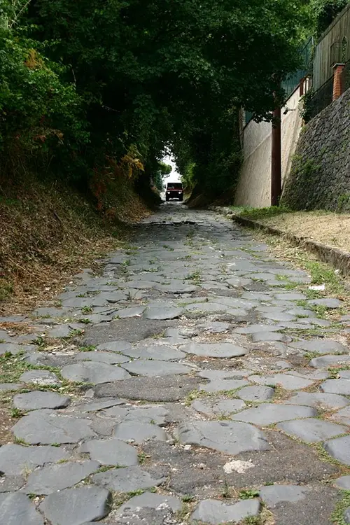 Car coming through avenue of trees on the Appian Way - Photo: Philipp Pilhofer/WikiCommons. Polygonal flagstones of the Appian Way