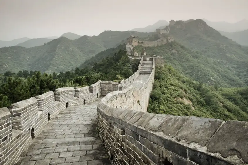 Photo taken looking along a section of the Great Wall of China 