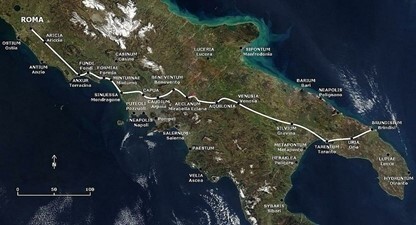 Map of ancient Via Appia - Photo: NASA, User:AlMare & User:3knolls/WikiCommons. 