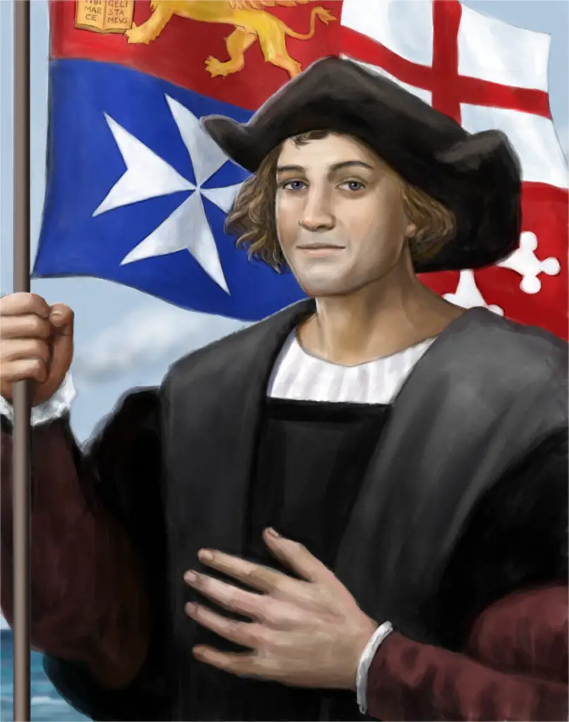 Painting of Christopher Columbus holding a flag