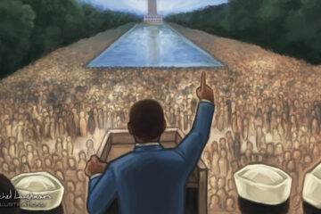 Sketch of Martin Luther King giving his famous -I have a dream speech.