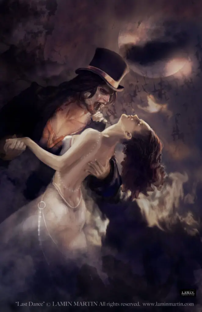 Dramatic vampire romance cover  depicting a vampire dancing with his lover