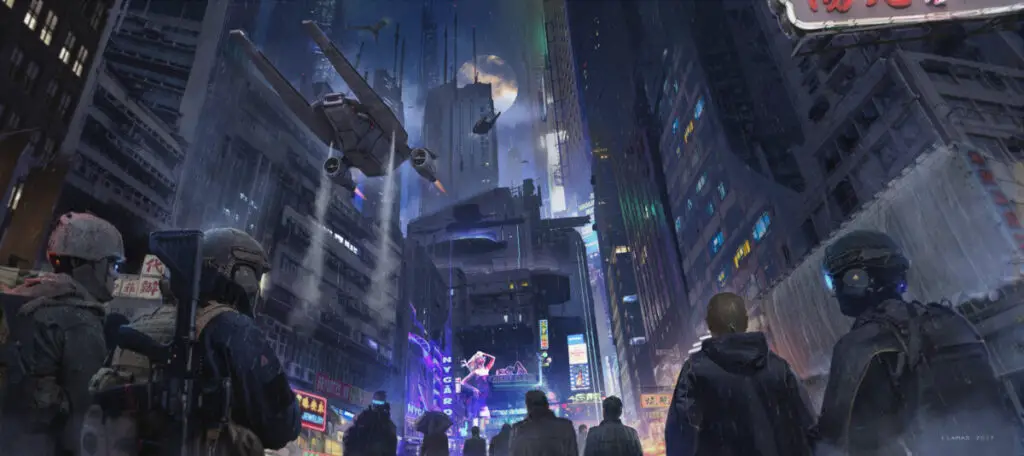 Painting of sci-fi scene in a big city