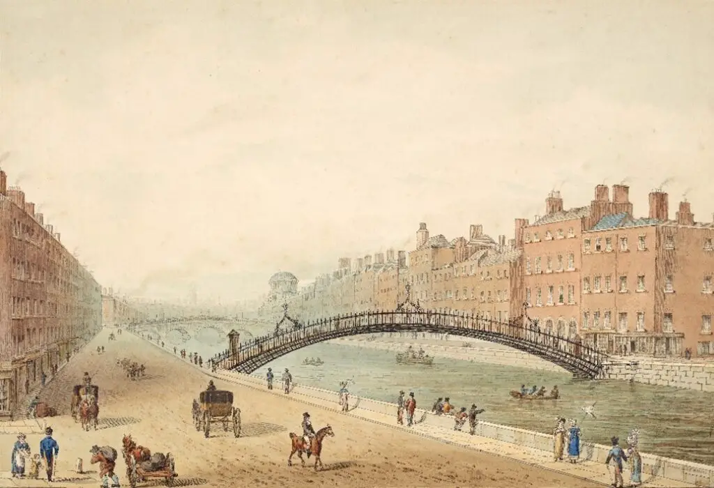 The Ha'Penny Bridge Dublin. View of the cast iron footbridge and footpaths. Creator: Samuel Frederick Brocas. Date: 1818. Institution: National Library of Ireland.