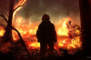 extreme image of deforestation. Man standing in a burning forest
