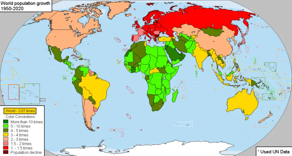 Map of the world showing population growth 1950 to 2020