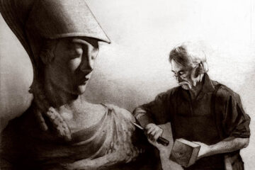 sculptor at work on a statue