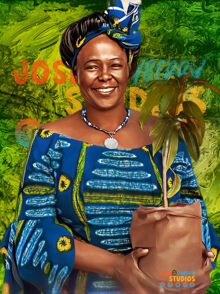 Portrait painting of Wangari Maathai in a colourful blue dress and headgear