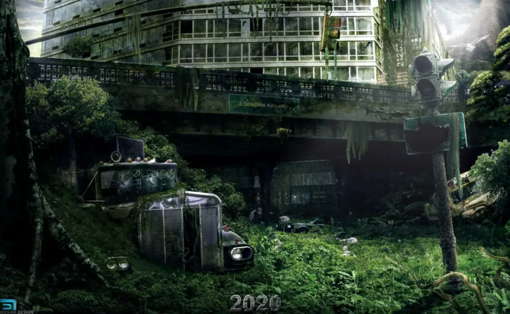 Depiction of a run down urban environment. Old truck covered in weeds, delapidated office building etc
