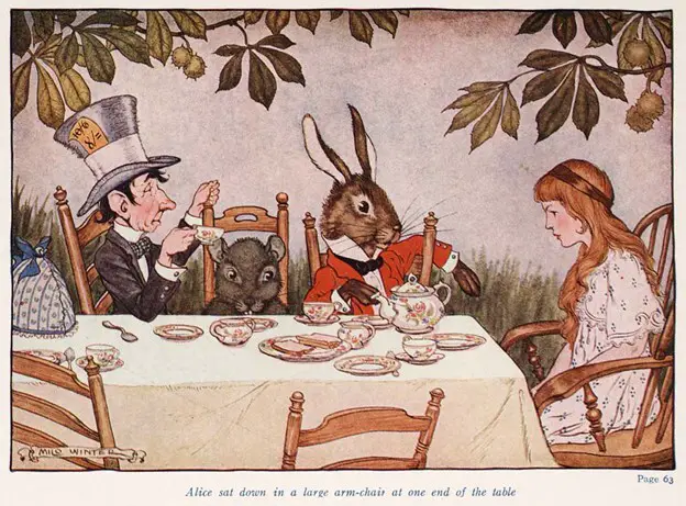 An illustration of Alice at the Mad Tea Party, one of the most classic scenes from “Alice’s Adventures in Wonderland”.
"Alice in Wonderland (Illustrator: Winter, 1924) Mad Tea Party" by Toronto Public Library Special Collections
