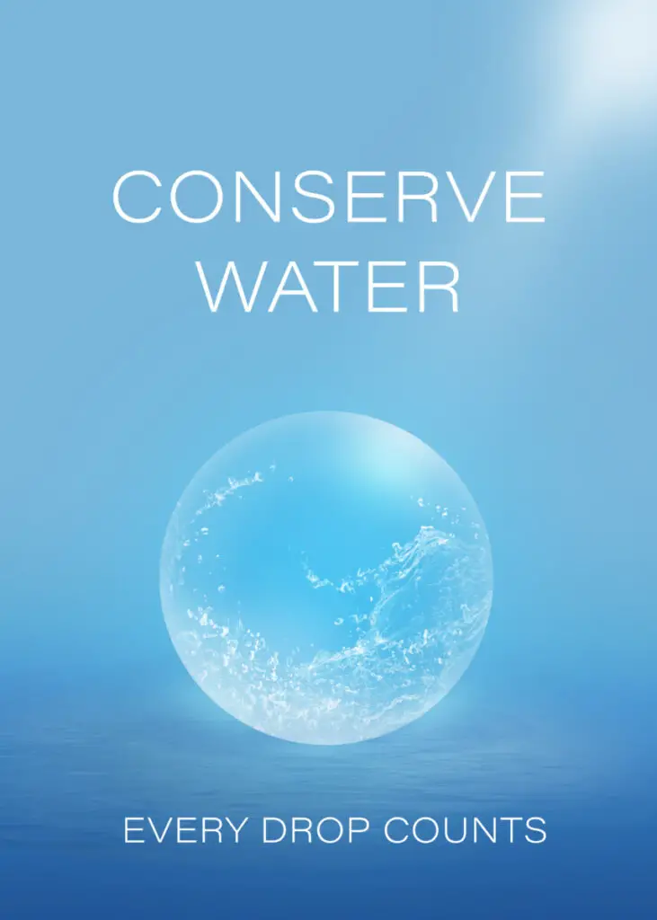 A drop of water on a blue background, saying Conserve water - every drop counts