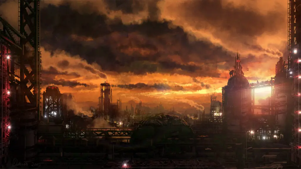 concept art depicting industrial pollution at dusk