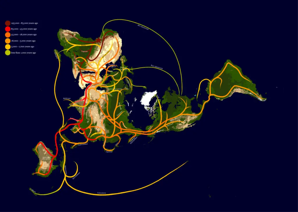 Prehistoric map with coloured routes of migrations
