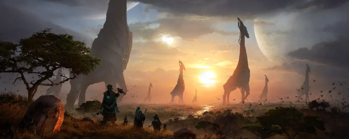 beautiful painting of the great migration, showing huge animals and humans