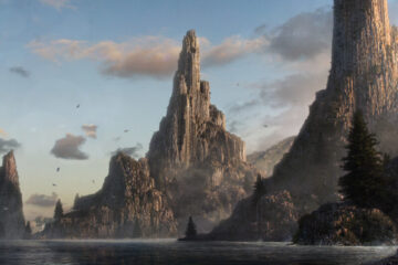 artist impression of great rock monoliths reaching for the sky