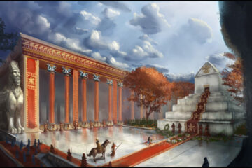 Artistic impression of the tomb of cyrus the great in an impressive open plaza