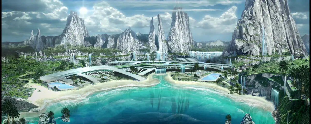 Futuristic citybuilt among natural surroundings, rocks and water