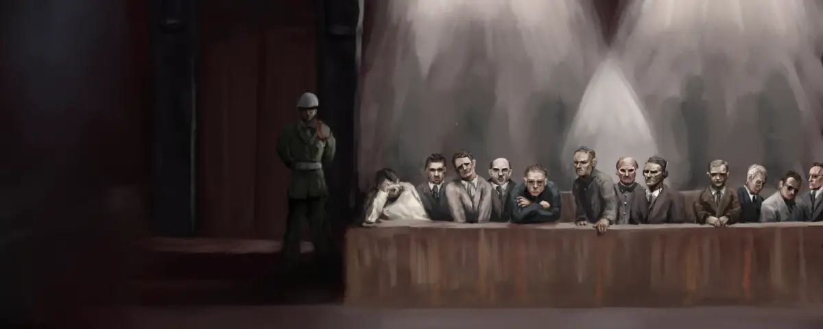 Painting of the accused in the dock at the Nuremberg trials