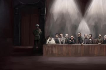 Painting of the accused in the dock at the Nuremberg trials