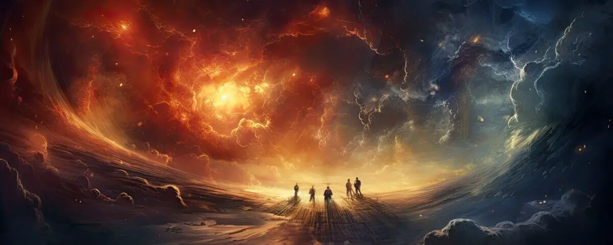 group of people standing in a surreal landscape with violent skies