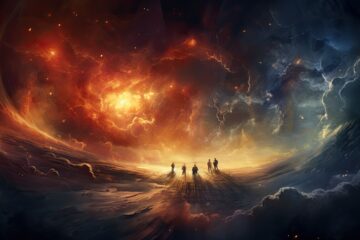 group of people standing in a surreal landscape with violent skies