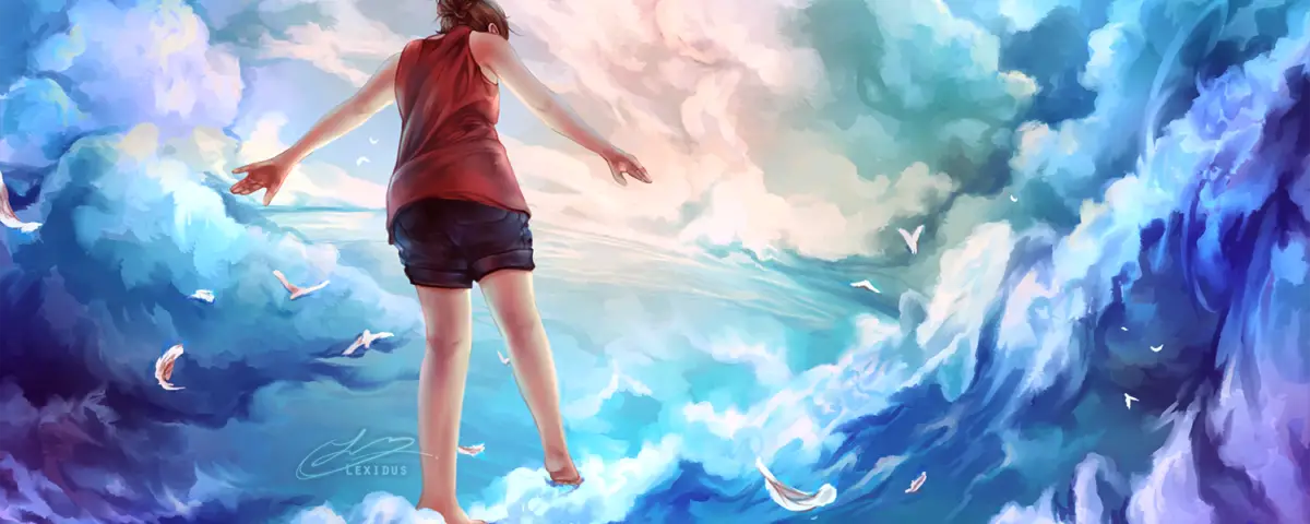 Image of girl walking in the air/sky