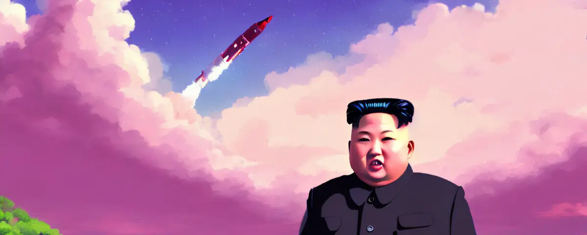 artist impression of Kim Jong Un with a missile taking off behind him