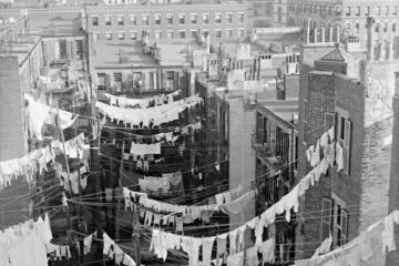 photo of laundry hanging between tenement buildings in New York