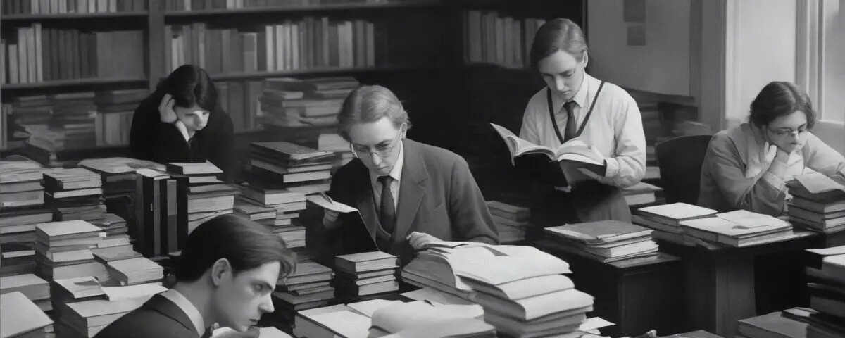 a disparate group of literary critics poring over piles of books