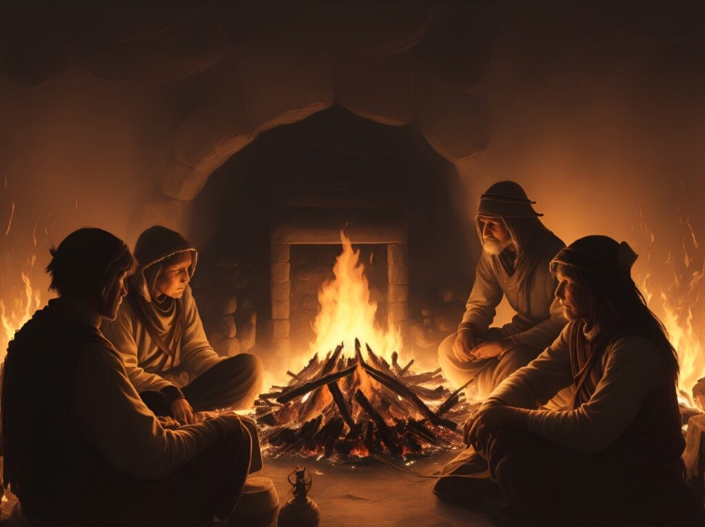 In the dim light of a fire, 4 ancient humans gather to form the early threads of spoken communication.