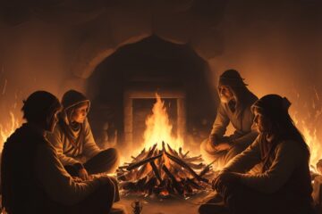 In the dim light of a fire, 4 ancient humans gather to form the early threads of spoken communication.